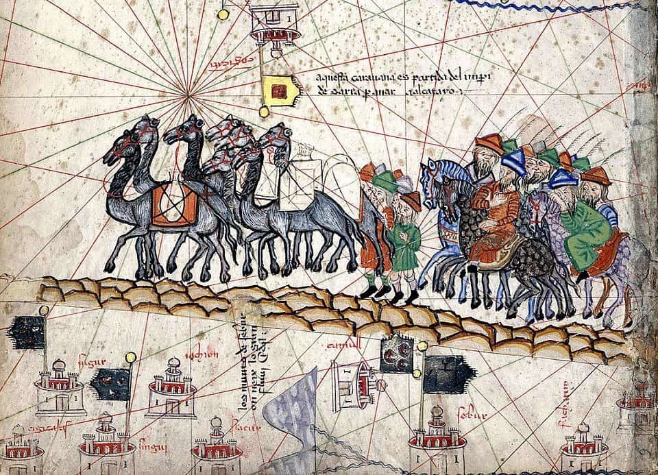 Marco Polo's Epic Journey on the Silk Road 2 A close-up of the Catalan Atlas depicting Marco Polo travelling to the East during the Pax Mongolica
