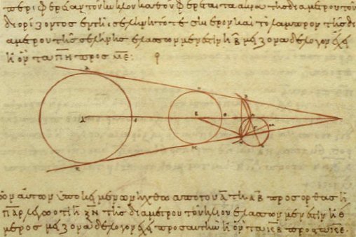 Aristarchus' 3rd century BC calculations on the relative sizes of Earth, the Sun, and the Moon, from a 10th-century AD Greek copy