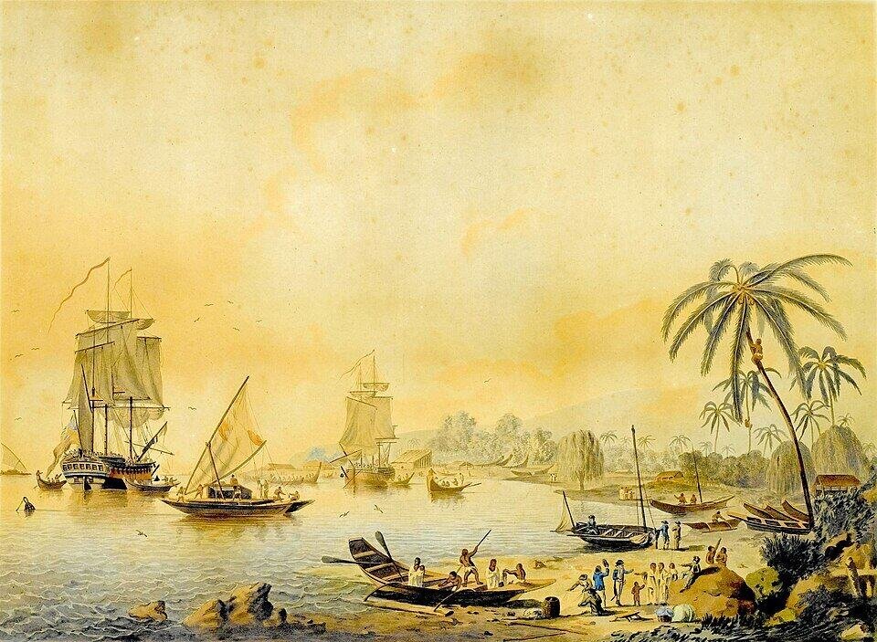 James Cook: Voyages That Changed the Map of the World 7 This watercolour of Resolution and Discovery in Matavai Bay was painted by John Cleveley the Younger, based on drawings by his brother James, who was a carpenter on the third voyage.