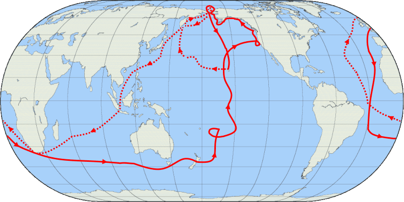 The third voyage searched for a North-West Passage connecting the northern Pacific to the northern Atlantic.[162] The dotted line represents the portion of voyage after Cook's death.