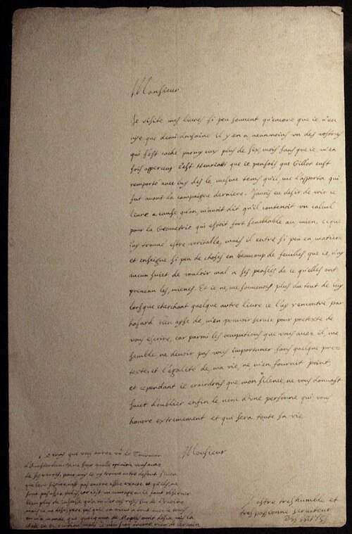 Handwritten letter by Descartes, December 1638