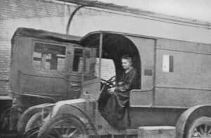 Curie in a mobile X-ray vehicle, c. 1915