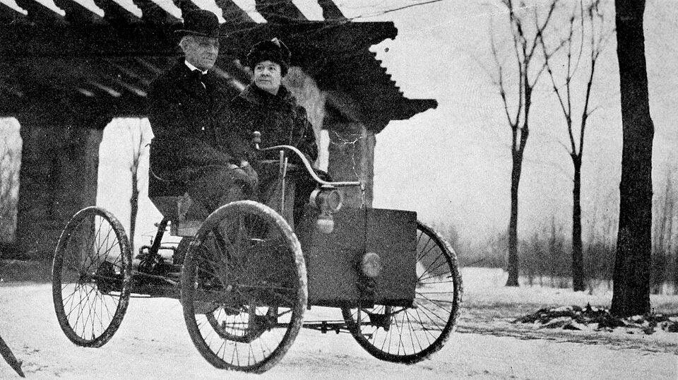 Henry Ford: The first moving assembly line 1 Henry and Clara Ford in his first car, the Ford Quadricycle
