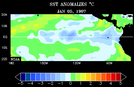 Loop of the 1997–98 El Niño event showing extreme sea surface temperature (SST) anomalies in the east tropical Pacific