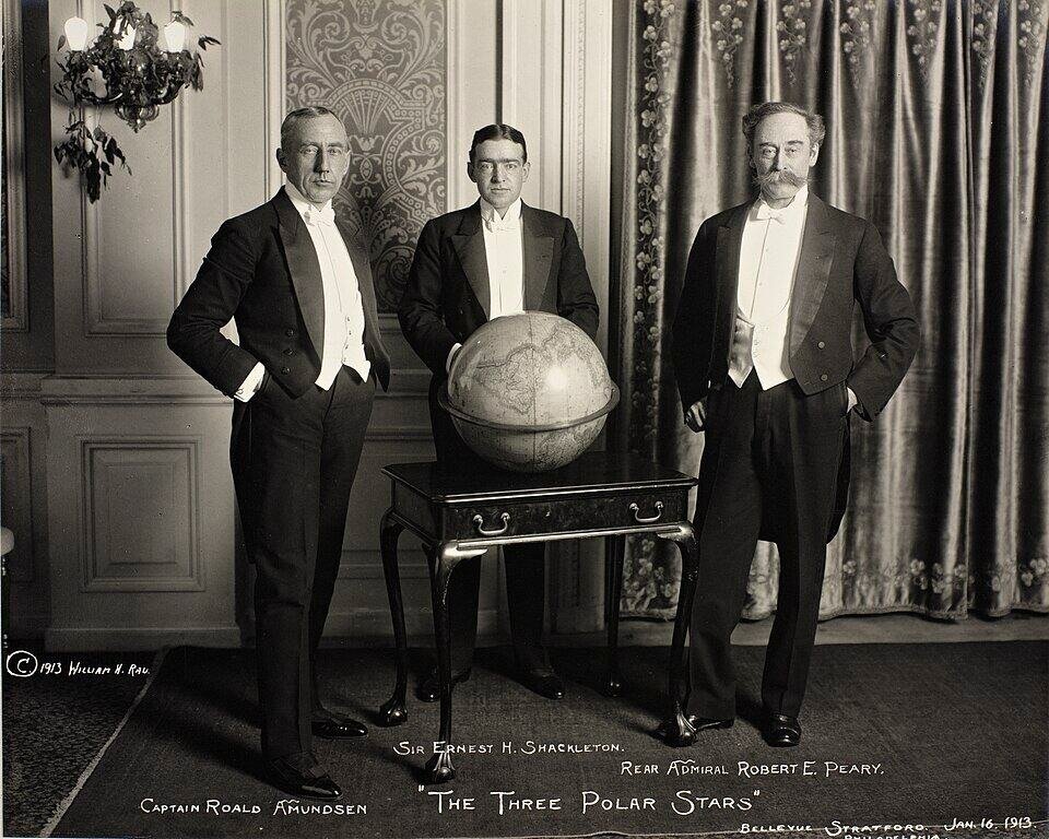 Roald Amundsen: South Pole Expedition 7 The Three Polar Stars: Amundsen, Ernest Shackleton, and Robert Peary, are pictured in Philadelphia in January 1913