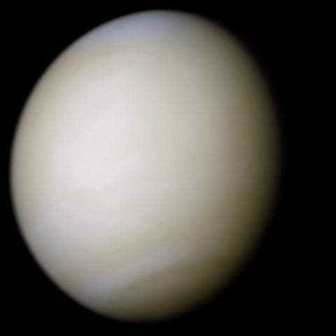 True-color image of Venus. To terraform, this dense atmosphere will need to be removed.