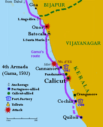 Vasco da Gama: The First Sea Route to India 6 Malabar Coast of India, c. 1500, showing the path of Vasco da Gama's 4th India Armada in 1502