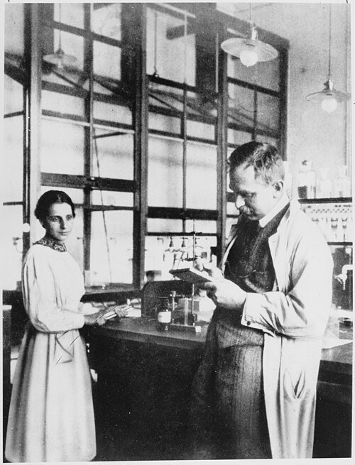 Lise Meitner and Otto Hahn in their laboratory in 1913.