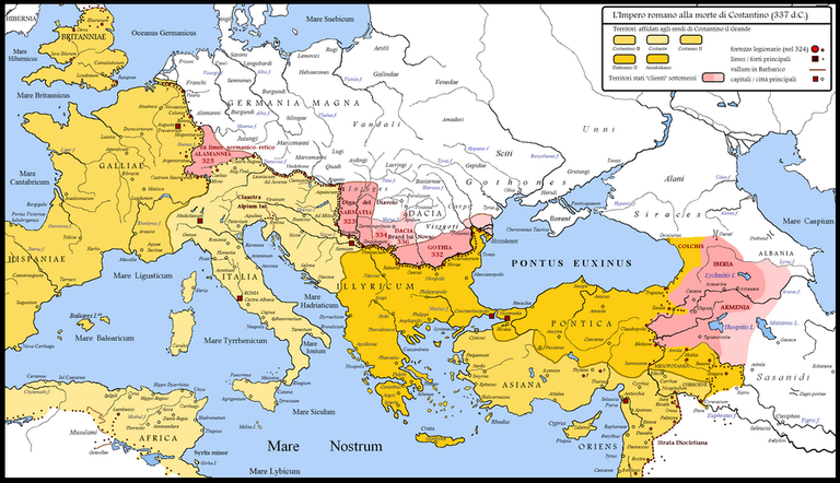 The northern and eastern frontiers of the Empire in the time of Constantine, with the territories acquired in the course of entire reign