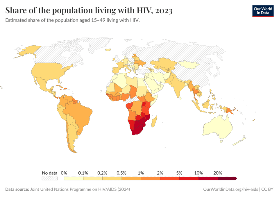 A world map illustrating the proportion of population infected with HIV in 2023