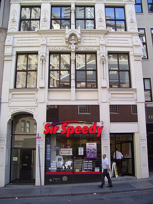 Benjamin Franklin: His Remarkable Life and Lasting Legacy 2 A May 2008 photograph of Franklin's birthplace in Boston, commemorated with a bust of Franklin atop the building's second-floor façade