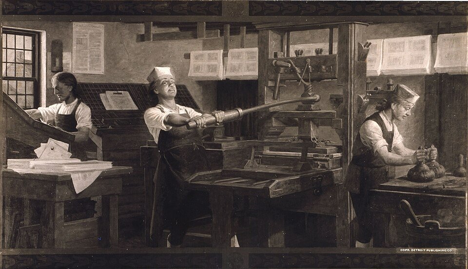 Benjamin Franklin: His Remarkable Life and Lasting Legacy 3 Franklin (center) at work on a printing press in a painting published by the Detroit Publishing Company in c. 1914