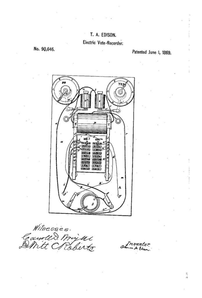 Edison's first patent with a schema for the electric vote recorder