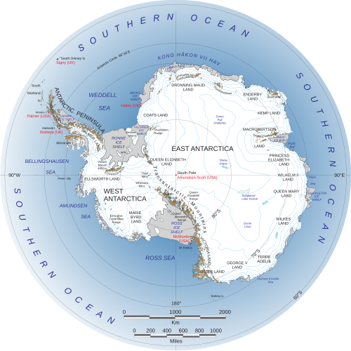 Eastern Antarctica is to the right of the Transantarctic Mountains and Western Antarctica is to the left.